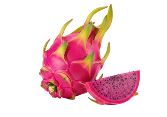 Poster - A whole dragon fruit and a slice showing the speckled interior, isolated on white background, no depth of field, sharp.