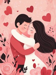 Wall Mural - Cartoon Illustration of Romantic Couple Celebrating Valentine's Day Surrounded by Hearts in Floral Nature Background, Used for Greeting Card.