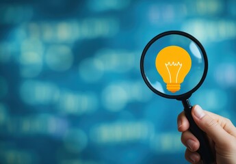 Aufkleber - Creative Concept of Idea Generation with Magnifying Glass Focused on Light Bulb Against Blurred Background