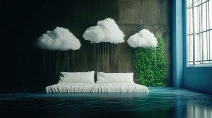 Poster - Artistic bedroom scene featuring floating clouds over a bed with greenery in a modern industrial setting
