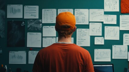 Aufkleber - Person Analyzing Data Charts on Wall in Home Office with Orange Cap and Casual Clothing