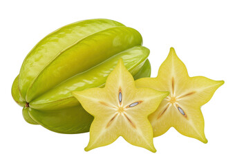 Poster - A whole starfruit and a cross-section slice, isolated on white background, no depth of field, sharp.