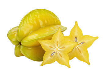 Poster - A whole starfruit and a cross-section slice, isolated on white background, no depth of field, sharp.