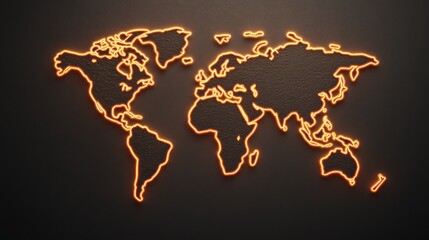 Poster - World Map Outline in Neon Orange Glow Against Dark Background for Modern Decor or Graphic Design Use
