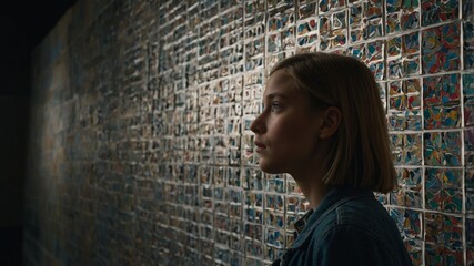 Poster - woman observes colorful tiles on wall inside contemporary art venue in a tranquil setting during day