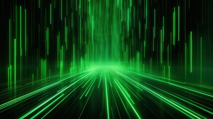 Fototapete - Abstract 3D Render of Vertical Green Light Beams in a Futuristic Environment with Empty Perspective and Dynamic Motion Effect