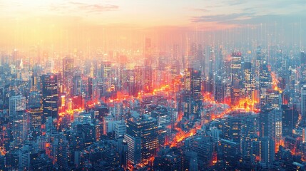Aufkleber - Vibrant Urban Landscape at Dusk with Illuminated Skyscrapers and Digital Data Overlay in a Modern City