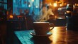 © Elshad Karimov - A steaming mug of coffee sits in a cozy caf?, enveloped in a soft, warm glow. Smoke gently curls from the cup's surface, adding a touch of allure to the aromatic brew.