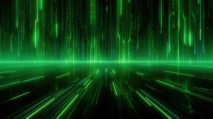 Fototapete - Dynamic Green Abstract Background with Futuristic Lines and Data in a 3D Render for Modern Digital Visuals and Tech-Inspired Designs