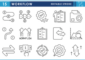Leinwandbilder - A set of line icons related to Workflow. Flow, process, work, efficient, target, selection, time, and so on. Vector editable stroke.