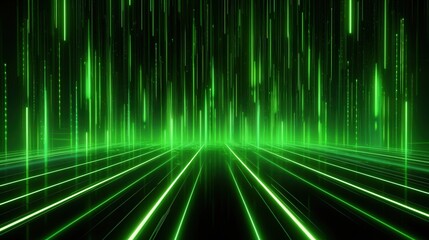 Fototapete - Abstract Green Light Rays in 3D Rendered Background with Vertical Lines and Glowing Effects