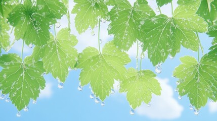 Fototapete - Fresh Green Leaves with Water Droplets against a Bright Blue Sky and Soft Clouds Background