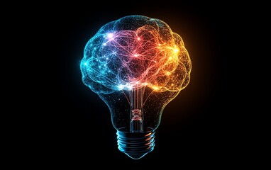 Wall Mural - A bright brainshaped light bulb glowing with vibrant colors, symbolizing the spark of innovation, creativity, and new ideas in generative AI