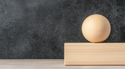 Poster - Minimalist arrangement of wooden sphere balancing on wooden block on textured dark background