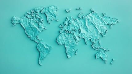 Poster - Crumpled Paper World Map Design on Soft Turquoise Background for Creative Projects and Travel Themes