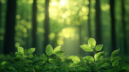 Wall Mural - Golden hour forest nature concept. Beautiful green leaves in a serene forest setting with soft sunlight filtering through.