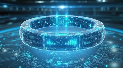 Fototapete - Futuristic Digital Interface with Holographic Elements and Data Visualization in Technology Concept