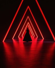 Poster - Woman in Elegant Dress Silhouetted Against Striking Red Triangular Light Installation in Dark Environment