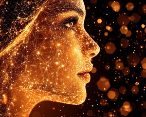 Aufkleber - Abstract representation of a woman’s profile with glowing connections and sparkling lights in a dark background