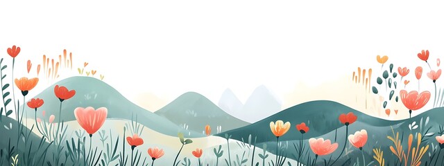 Poster - Illustrated landscape with colorful flowers blooming on rolling hills against a white background.