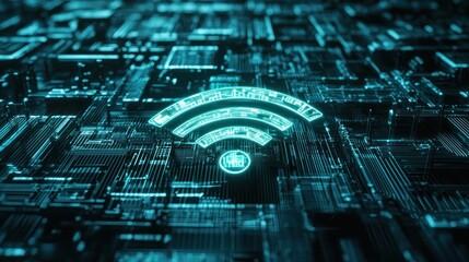 Fototapete - Futuristic Digital Illustration of Wi-Fi Signal Over Abstract Circuit Board Pattern in Neon Blue and Green Colors