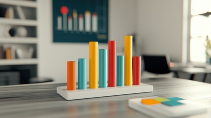 Leinwandbilder - Colorful cylindrical graph representation on a modern desk with blurred office background and open space