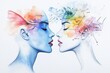 © Sanchai - A cheerful 2D drawing of two people talking fluently in different languages, with connecting lines and colorful words floating around, drawn simply on white canvas