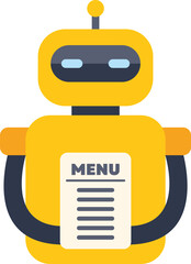 Poster - Cute yellow robot holding a restaurant menu, representing automation in the food industry
