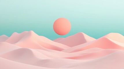 Poster - Soft Pink Hills with Floating Sun against Turquoise Sky in Minimalist Digital Landscape Art