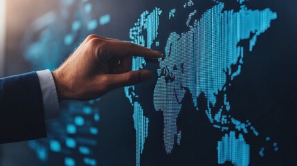 Poster - Hand Touching Digital World Map Display with Data Visualization and Global Connections Concept