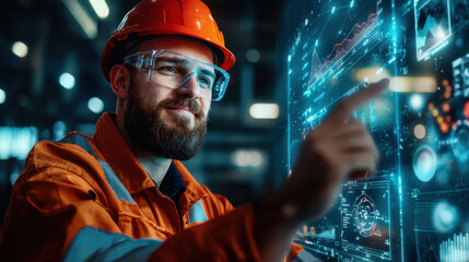 Wall Mural - Engineer in safety gear interacting with digital interface, analyzing data