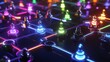 © Chaikit - business network representation, illuminated gaming pieces, rainbow connection paths, dark glossy surface, modern connectivity concept, professional tech visualization, dramatic lighting, depth of