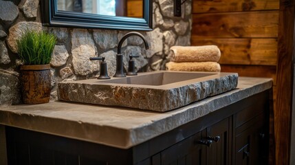 Aufkleber - A beautifully designed bathroom features a unique stone sink set on a sturdy countertop, complemented by a cozy wooden cabinet and decorative towels, evoking a tranquil retreat