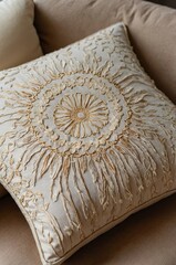 Wall Mural - Decorative cushion with intricate embroidery design enhances home interior elegance in a cozy living space