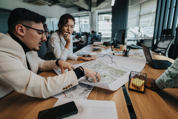 Wall Mural - Team of business professionals discussing and strategizing on an urban development project in a modern office setting. Collaborative brainstorming and teamwork are evident as they focus on the plans.