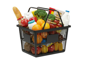 Wall Mural - Supermarket shopping basket full of food and groceries, isolated on white background