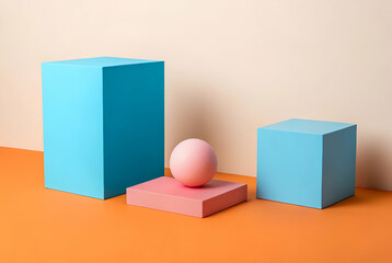 Sticker - A minimalistic arrangement of colorful geometric shapes, featuring blue cubes and a pink sphere on an orange surface against a neutral background.