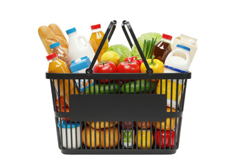 Wall Mural - Supermarket shopping basket full of food and groceries, isolated on white background