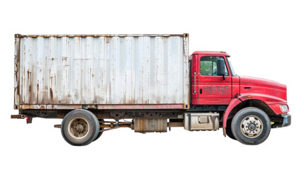 Poster - Old red truck transporting cargo container on transparent background