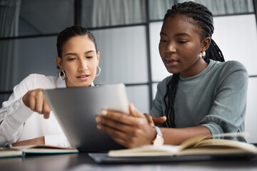 Aufkleber - Tablet, discussion and business women in office planning, research or brainstorming for creative project. Digital technology, reading and female public relations team with multimedia press report.