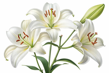 Poster - A beautiful illustration of white lilies, showcasing their elegant petals and vibrant stamens against a clean background.