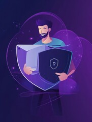 Poster - Man holding security shield and developer using laptop. Data and applications protection, network and information security, safe cloud storage concept, violet palette. Header or footer banner templat