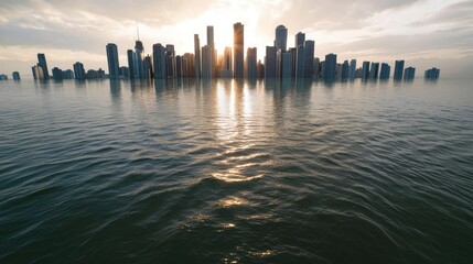 Poster - Global warming climate change concept. Stunning skyline reflecting on tranquil water during a dramatic sunset.