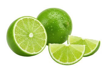 Poster - Whole fresh lime, a half lime, and a quarter slice with vibrant green color and dewy surface, isolated on white background