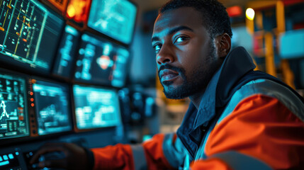 Wall Mural - Petroleum engineer monitoring data in control room, focused and attentive