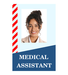 Wall Mural - Medical assistant badge with photo of woman on white background