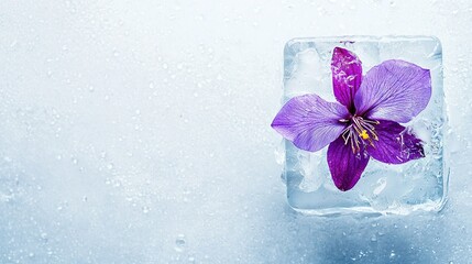 Poster -   A purple flower on an ice block with water droplets