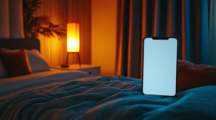 Isolated smartphone device on the bed in the bedroom at night with blank empty white screen at home, communication technology concept