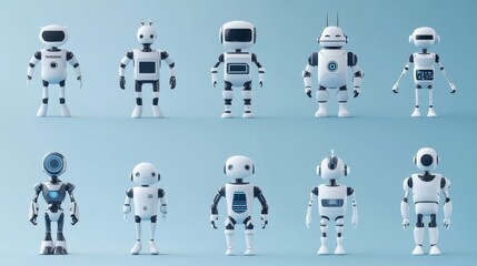 3d tech icon collection, white robot mascots, blue accent design, floating arrangement, artificial intelligence symbols, soft light blue background, modern minimalist style, clean technology