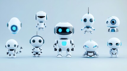 3d tech icon collection, white robot mascots, blue accent design, floating arrangement, artificial intelligence symbols, soft light blue background, modern minimalist style, clean technology